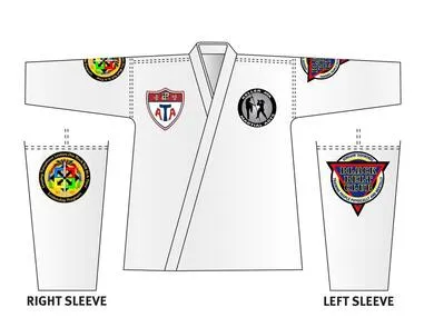 Uniform patch placement: ATA shield on the right breast, school patch on the left, Black Belt Club and Leadership patches on the sleeves